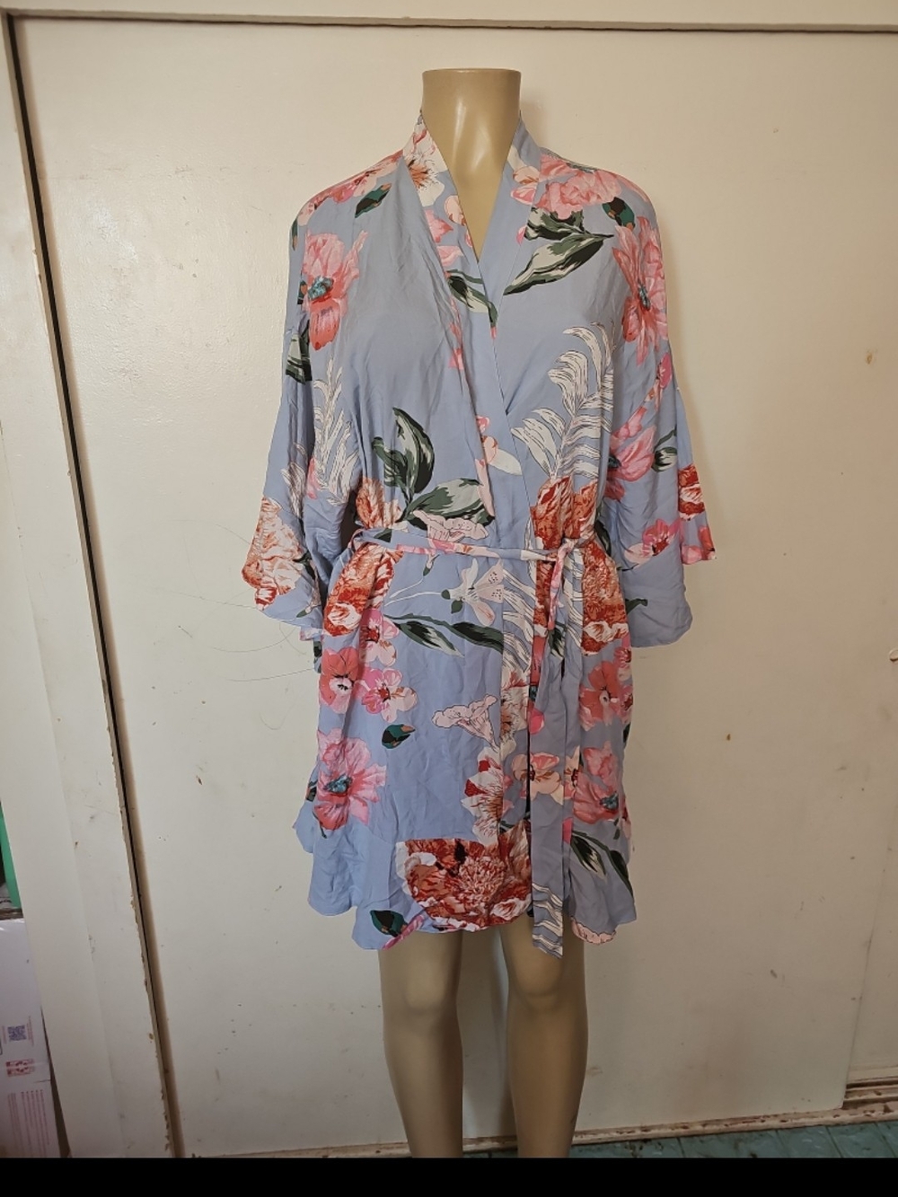 S.L. Fashions Light Blue Floral Mini Wrap Dress with Pink Blooms
